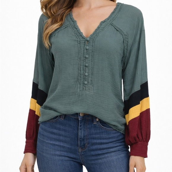 Fate Tops - Fate Boutique Boho Blouson Sleeve Color Block Top with Green, Black, Yellow, Red